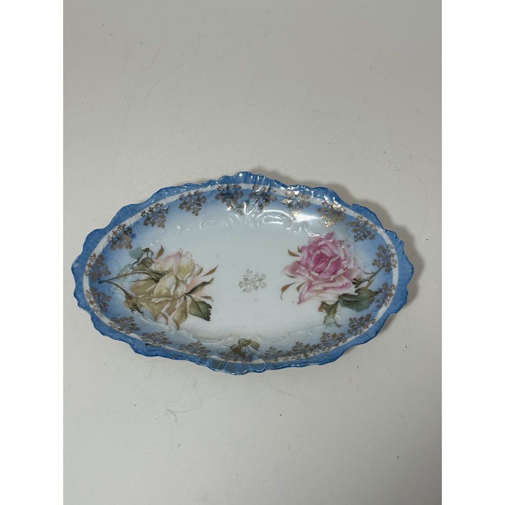 Antique Porcelain Floral Dresser Tray‎ Cobalt Blue Gold Gilt Scalloped Rose Dish